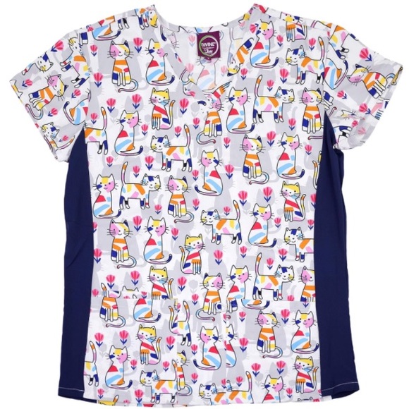 Cat Print V-Neck Microfiber Scrub Top with Stretch Side Panels - Picture 1 of 8